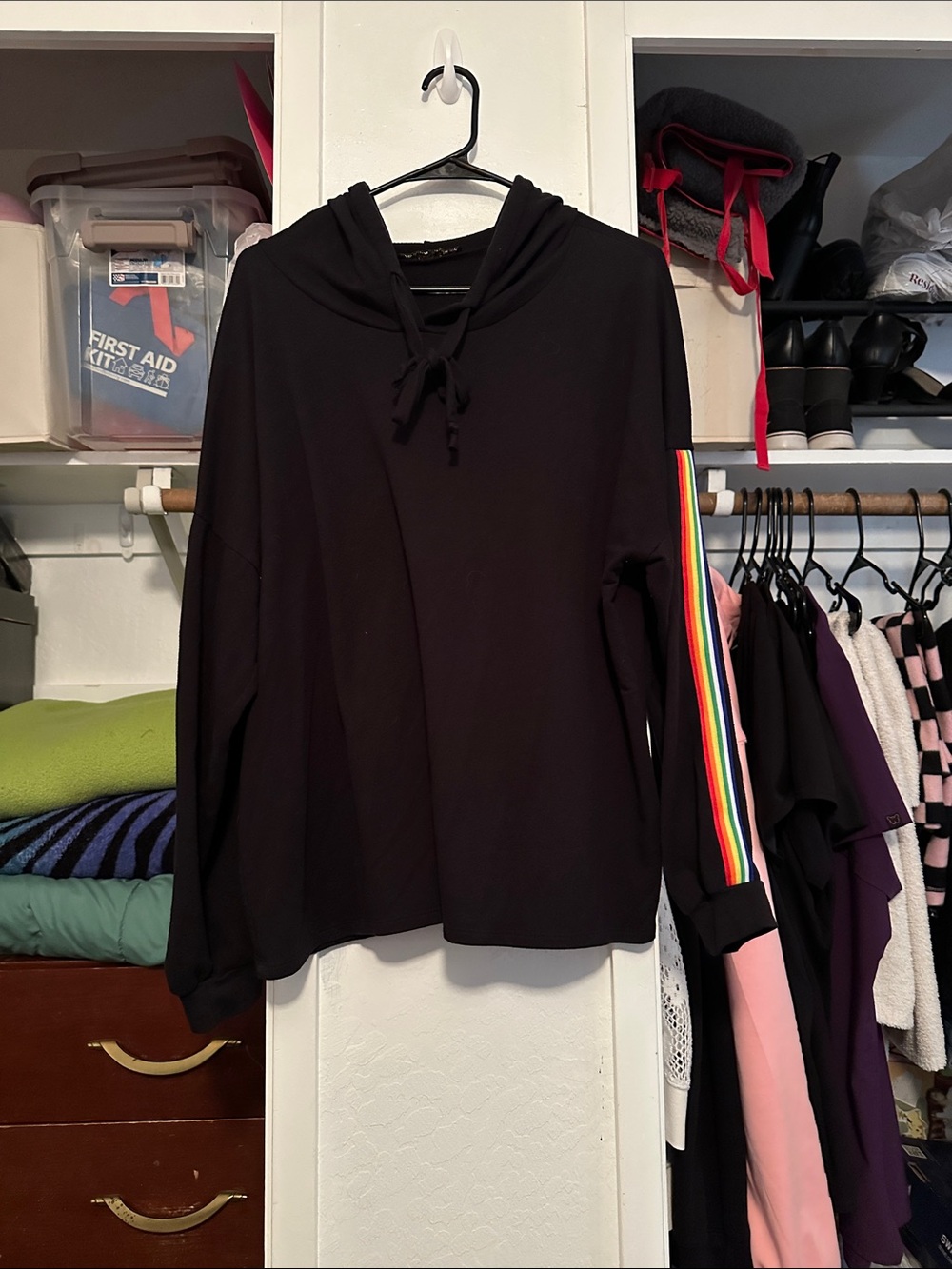 Women's Black Hoodie Top with Rainbow Sleeve Stripe